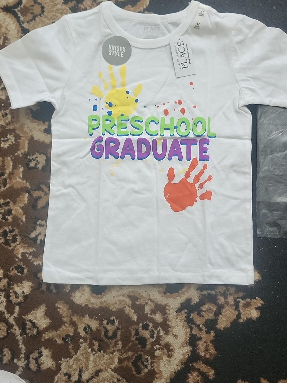 🎓Place Preschool Graduate Kids Short Sleeve T w/Colorful Handprint Graphic; 4T